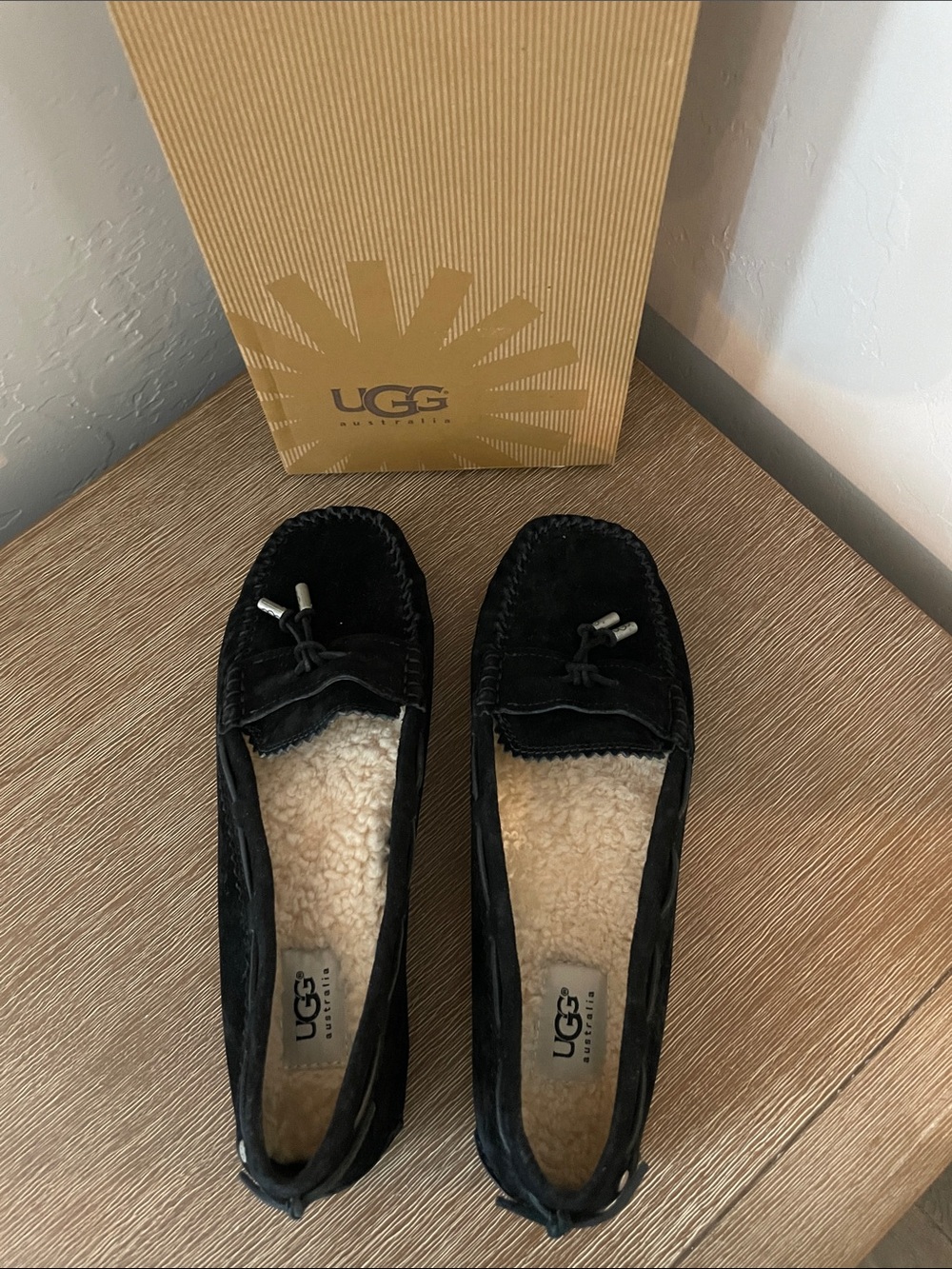 UGG Women's Black Suede Moccasin Slippers with Shearling Lining